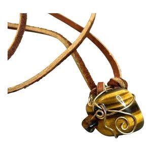 Tigers Eye Stone Wire Wrapped Pendant on Brown Leather Cord Necklace